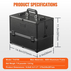 Makeup Train Case 370MM Large Portable Cosmetic Case, 6 Tier Trays Professional Makeup Storage Organizer Box Make Up Carrier with Handle And Strap Travel Case for Women and Girls - Black