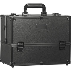Makeup Train Case 370MM Large Portable Cosmetic Case, 6 Tier Trays Professional Makeup Storage Organizer Box Make Up Carrier with Handle And Strap Travel Case for Women and Girls - Black