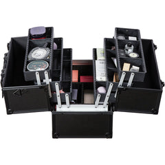 Makeup Train Case 370MM Large Portable Cosmetic Case, 6 Tier Trays Professional Makeup Storage Organizer Box Make Up Carrier with Handle And Strap Travel Case for Women and Girls - Black