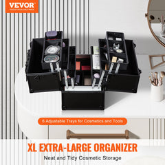 Makeup Train Case 370MM Large Portable Cosmetic Case, 6 Tier Trays Professional Makeup Storage Organizer Box Make Up Carrier with Handle And Strap Travel Case for Women and Girls - Black