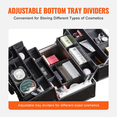 Makeup Train Case 370MM Large Portable Cosmetic Case, 6 Tier Trays Professional Makeup Storage Organizer Box Make Up Carrier with Handle And Strap Travel Case for Women and Girls - Black