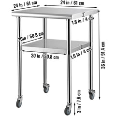Stainless Steel Prep Table, 61 x 61 x 91.4 cm, 600lbs Load Capacity Heavy Duty Metal Worktable with Adjustable Undershelf & Universal Wheels, Commercial Workstation for Kitchen Garage Backyard