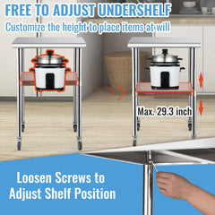 Stainless Steel Prep Table, 61 x 61 x 91.4 cm, 600lbs Load Capacity Heavy Duty Metal Worktable with Adjustable Undershelf & Universal Wheels, Commercial Workstation for Kitchen Garage Backyard