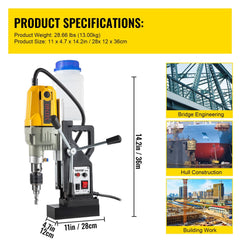 Magnetic Drill, 1100W 1.57" Boring Diameter, 2697lbf/12000N Portable Electric Mag Drill Press with 7 Bits, 580 RPM Max Speed Drilling Machine for any Surface and Home Improvement