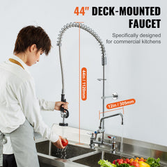Commercial Faucet with Pre-Rinse Sprayer, 44" Height, 8" Center, 12" Swing Spout, Deck Mount Kitchen Sink Faucet, Brass Constructed Device with Pull Down Spray, for 1/2/3 Compartment Sink