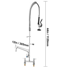 Commercial Faucet with Pre-Rinse Sprayer, 44" Height, 8" Center, 12" Swing Spout, Deck Mount Kitchen Sink Faucet, Brass Constructed Device with Pull Down Spray, for 1/2/3 Compartment Sink