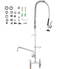 Commercial Faucet with Pre-Rinse Sprayer, 44" Height, 8" Center, 12" Swing Spout, Deck Mount Kitchen Sink Faucet, Brass Constructed Device with Pull Down Spray, for 1/2/3 Compartment Sink