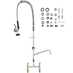 Commercial Faucet with Pre-Rinse Sprayer, 44" Height, 8" Center, 12" Swing Spout, Deck Mount Kitchen Sink Faucet, Brass Constructed Device with Pull Down Spray, for 1/2/3 Compartment Sink