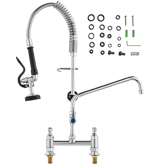 Commercial Faucet with Pre-Rinse Sprayer, 26" Height, 8" Center, 12" Swing Spout, Deck Mount Kitchen Sink Faucet, Brass Constructed Device with Pull Down Spray, for 1/2/3 Compartment Sink