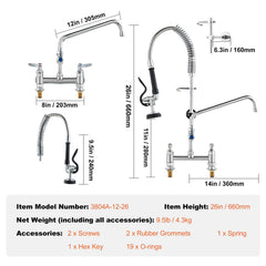 Commercial Faucet with Pre-Rinse Sprayer, 26" Height, 8" Center, 12" Swing Spout, Deck Mount Kitchen Sink Faucet, Brass Constructed Device with Pull Down Spray, for 1/2/3 Compartment Sink