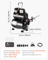 Airbrush Kit Air Brush Kit 1/6 HP Air Compressor Tank 1 Airbrush 3 Tips