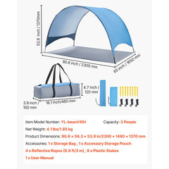 Beach Tent Sun Shelter for 3 Person, UPF 50+ Protection, Portable Sun Shade Canopy with Carrying Bag & Ground Stakes, Lightweight and Easy Setup Beach Umbrella for Camping Fishing Outdoor Picnic