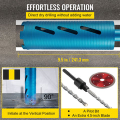 Dry Core Drill Bit, 88.9 mm Diameter 11 Threaded, 241.3mm Depth Diamond Coring Bore Tool with a Pilot Bit & Blade, Masonry Hole Saw Bits for Hard Concrete Brick