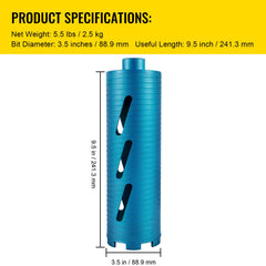 Dry Core Drill Bit, 88.9 mm Diameter 11 Threaded, 241.3mm Depth Diamond Coring Bore Tool with a Pilot Bit & Blade, Masonry Hole Saw Bits for Hard Concrete Brick