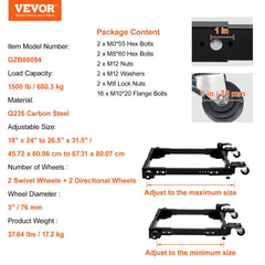 Mobile Base, 680.3 kg Capacity, Adjustable from 457.2 x 609.6 mm to 673.1 x 800.7 mm, Heavy Duty Universal Mobile Base Stand with Swivel Wheels, for Woodworking Equipment, Bandsaw, Power Tools