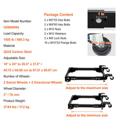 Mobile Base, 680.3 kg Capacity, Adjustable from 457.2 x 609.6 mm to 673.1 x 800.7 mm, Heavy Duty Universal Mobile Base Stand with Swivel Wheels, for Woodworking Equipment, Bandsaw, Power Tools