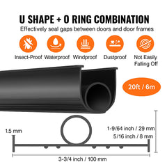 Garage Door Seals Bottom Rubber, U Shape +O Ring Combination Garage Door Bottom Weather Seal, 20ft Weatherproofing Garage Door Seal, 5/16 inch T-ends and 3 3/4 inch Width, for Doors, Black