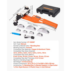 Tubing Bender Kit, 6 mm to 22 mm, Compact Ratcheting Tube Pipe Bender, Ratchet Hand Bending Tool, with 7 Aluminium Alloy Dies, HVAC Tools, for Copper Aluminum HVAC Refrigeration Maintenance