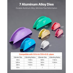 Tubing Bender Kit, 6 mm to 22 mm, Compact Ratcheting Tube Pipe Bender, Ratchet Hand Bending Tool, with 7 Color Aluminium Alloy Dies, HVAC Tools, for Copper HVAC Air Conditioning Refrigeration
