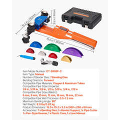 Tubing Bender Kit, 6 mm to 22 mm, Compact Ratcheting Tube Pipe Bender, Ratchet Hand Bending Tool, with 7 Color Aluminium Alloy Dies, HVAC Tools, for Copper HVAC Air Conditioning Refrigeration