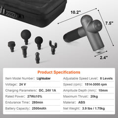 Massage Gun Deep Tissue, Percussion Muscle Massager for Athletes - with 8 Speed Levels & 6 Massage Heads, 24V 2500mAh Batteries, Handheld Electric Massage Gun for Pain Relief, Muscle Relaxation