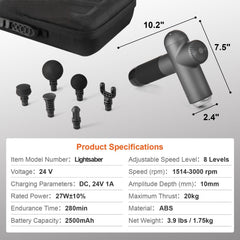 Massage Gun Deep Tissue, Percussion Muscle Massager for Athletes - with 8 Speed Levels & 6 Massage Heads, 24V 2500mAh Batteries, Handheld Electric Massage Gun for Pain Relief, Muscle Relaxation
