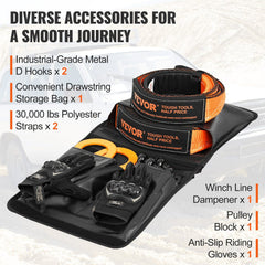 Off-Road Recovery Kit, 7.6 x 914.4 cm, Heavy Duty Winch Recovery Kit with 13608 kg Tow Straps, 20T D-Ring Shackles, Shackle Receiver, Snatch Block Pulley, Gloves, Storage Bag for ATV Jeep Truck
