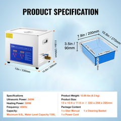 Ultrasonic Cleaner 10L Jewelry Cleaning with Digital Timer Ultrasonic Cleaning Machine for Jewellery Rings Watches Eyeglasses Dentures Coins Metal Parts Commercial and Home Use Silver