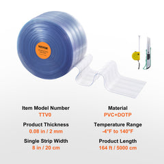 Strip Curtain, 164' Length x 8" Width x 0.08" Thickness, Clear Ribbed PVC Curtain Strip Door Bulk Roll, Plastic Door Strips for Doorways of Supermarket, Garage, Warehouse, Barn, Pet Animal House