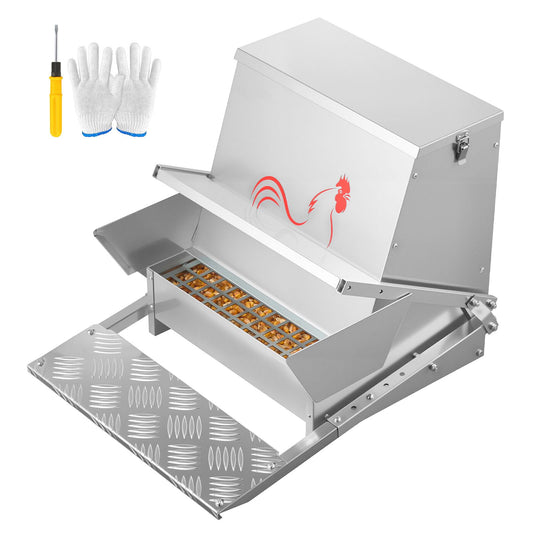 Automatic Chicken Feeder, 18.14 kg Capacity, Rainproof Treadle Poultry Feeder with Lockable Lid, No Waste, Galvanized Steel Construction, Outdoor Use, for Chicken, Bantams, Poultry, Pheasants