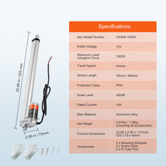 Linear Actuator 12V, 16 Inch High Load 330lbs/1500N Linear Actuator, 0.19"/s Linear Motion Actuator with Mounting Bracket and IP54 Protection