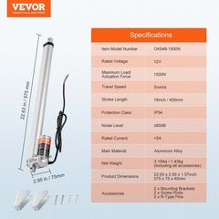 Linear Actuator 12V, 18 Inch High Load 330lbs/1500N Linear Actuator, 0.19"/s Linear Motion Actuator with Mounting Bracket and IP54 Protection