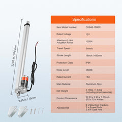 Linear Actuator 12V, 18 Inch High Load 330lbs/1500N Linear Actuator, 0.19"/s Linear Motion Actuator with Mounting Bracket and IP54 Protection
