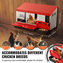 Chicken Nest Box, 3-Compartment, 15 to 30 in Stable & Corrosion-Resistant Metal Nesting Boxes with Inclined Nesting Boxes, Bottom Holes & Resting Platform, Fit for Different Chicken Breeds
