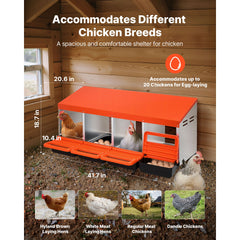 Chicken Nesting Boxes, 4 Compartments, Metal Egg Laying Boxes with Protective Collection Lids, Roll Out Nesting Box, Easy to Assemble, Ideal for Hens, Ducks, Chickens, and Other Poultry, Orange