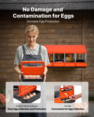Chicken Nesting Boxes, 4 Compartments, Metal Egg Laying Boxes with Protective Collection Lids, Roll Out Nesting Box, Easy to Assemble, Ideal for Hens, Ducks, Chickens, and Other Poultry, Orange