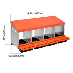 Chicken Nesting Boxes, 4 Compartments, Metal Egg Laying Boxes with Protective Collection Lids, Roll Out Nesting Box, Easy to Assemble, Ideal for Hens, Ducks, Chickens, and Other Poultry, Orange