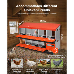 2 Tiers Chicken Nesting Boxes, 10 Compartments, Metal Egg Laying Boxes with Protective Collection Lids, Roll Out Nesting Box, Easy to Assemble, Ideal for Hens, Ducks, Chickens, and Other Poultry