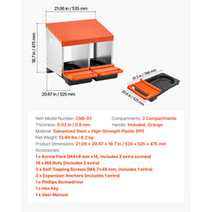 Chicken Nesting Boxes, 2 Compartments, Easy Egg Collection, Wall Mount, Easy to Assemble, Galvanized Steel and High-Strength Plastic, Roll Away Nesting Boxes for Chickens Laying Eggs, Orange