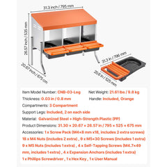 Chicken Nesting Boxes, 3 Compartments, with Support Legs, Easy Egg Collection, Galvanized Steel and High-Strength Plastic, Roll Away Nesting Boxes for Chickens and Hens Laying Eggs, Orange