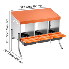 Chicken Nesting Boxes, 3 Compartments, with Support Legs, Easy Egg Collection, Galvanized Steel and High-Strength Plastic, Roll Away Nesting Boxes for Chickens and Hens Laying Eggs, Orange