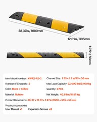 1000MM Rubber Speed Bump, 2 Pack, 2 Channel Heavy Duty Traffic Speed Hump, 9,979 kg/Axle Load Capacity, Cable Protector Ramp with Expansion Screws, for Asphalt Concrete Gravel Driveway and Road