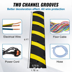6 ft Rubber Speed Hump, 2 Channel, 10000 kg/axle Load Capacity Heavy Duty Traffic Speed Bump, with High Reflective Yellow Strip 4 Expansion Screws and 1 Drill, for Asphalt Concrete Gravel Roads