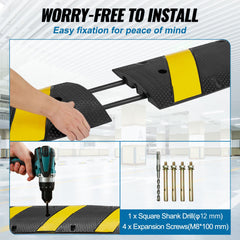 6 ft Rubber Speed Hump, 2 Channel, 10000 kg/axle Load Capacity Heavy Duty Traffic Speed Bump, with High Reflective Yellow Strip 4 Expansion Screws and 1 Drill, for Asphalt Concrete Gravel Roads