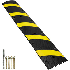 6 ft Rubber Speed Hump, 2 Channel, 10000 kg/axle Load Capacity Heavy Duty Traffic Speed Bump, with High Reflective Yellow Strip 4 Expansion Screws and 1 Drill, for Asphalt Concrete Gravel Roads