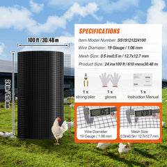Hardware Cloth, 24'' x 100' Galvanized Wire Mesh Roll, 19 Gauge Chicken Wire Fence Roll, Vinyl Coating Metal Wire Mesh for Chicken Coop Barrier, Rabbit Snake Fences, Poultry Enclosures