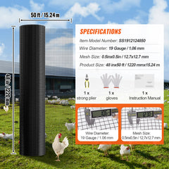 Hardware Cloth, 48'' x 50' Galvanized Wire Mesh Roll, 19 Gauge Chicken Wire Fence Roll, Vinyl Coating Metal Wire Mesh for Chicken Coop Barrier, Rabbit Snake Fences, Poultry Enclosures