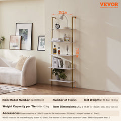 Industrial Square Pipe Shelf 5 Tier 64x30x182.5cm Wall-Mount Gold White