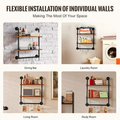 Industrial Pipe Shelf 2 Tier 24x7.87in Wall-Mount for Kitchen Bedroom