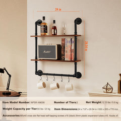 Industrial Pipe Shelf 2 Tier 24x7.87in Wall-Mount for Kitchen Bedroom